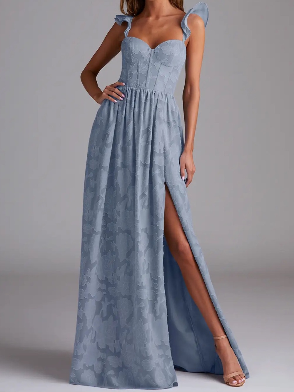 Azazie Dusty Blue Floral Maxi Dress with Slit
